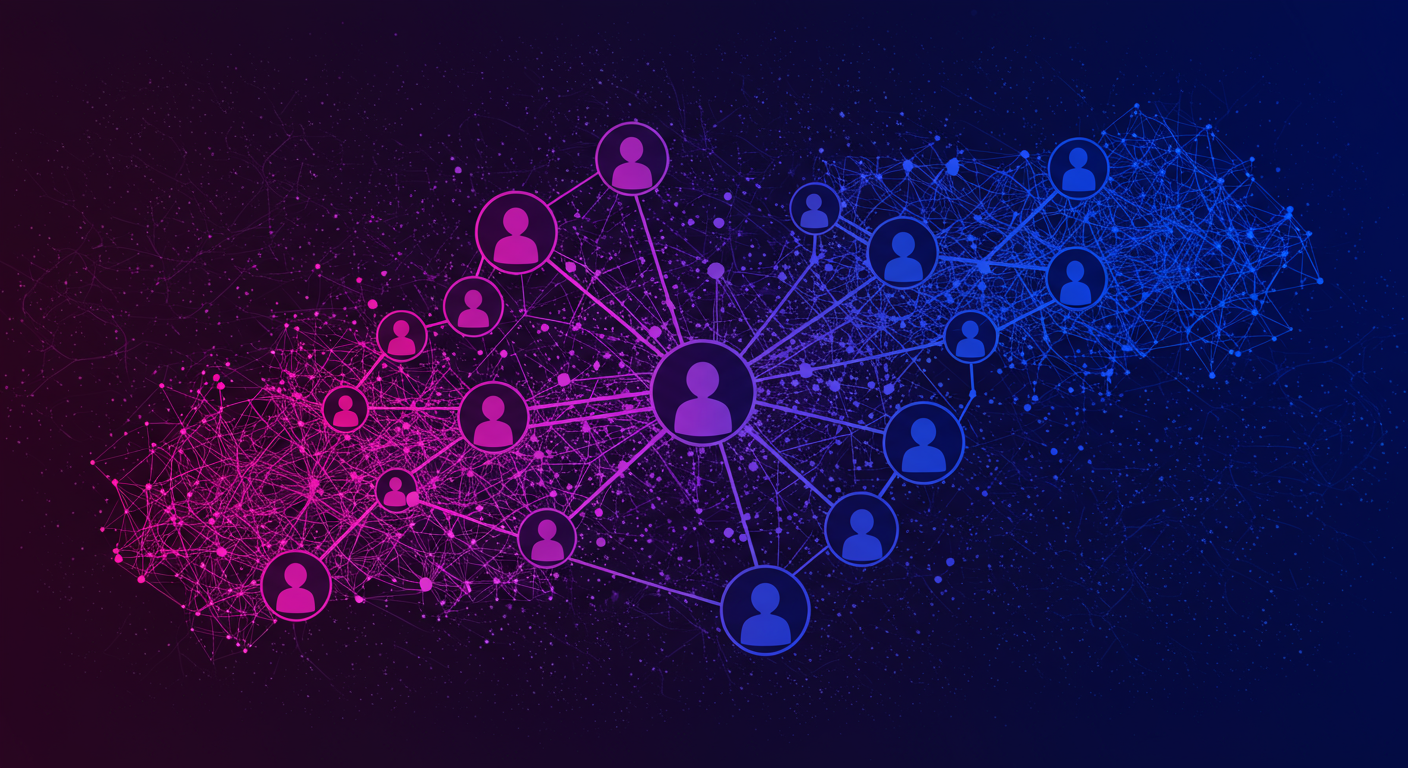 A network of people connected by violet and blue lines